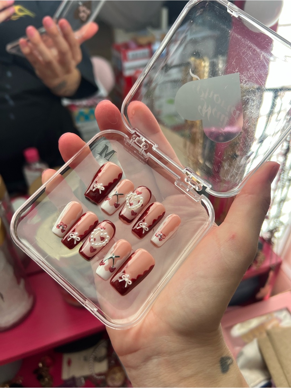 cherry red and white press on nails